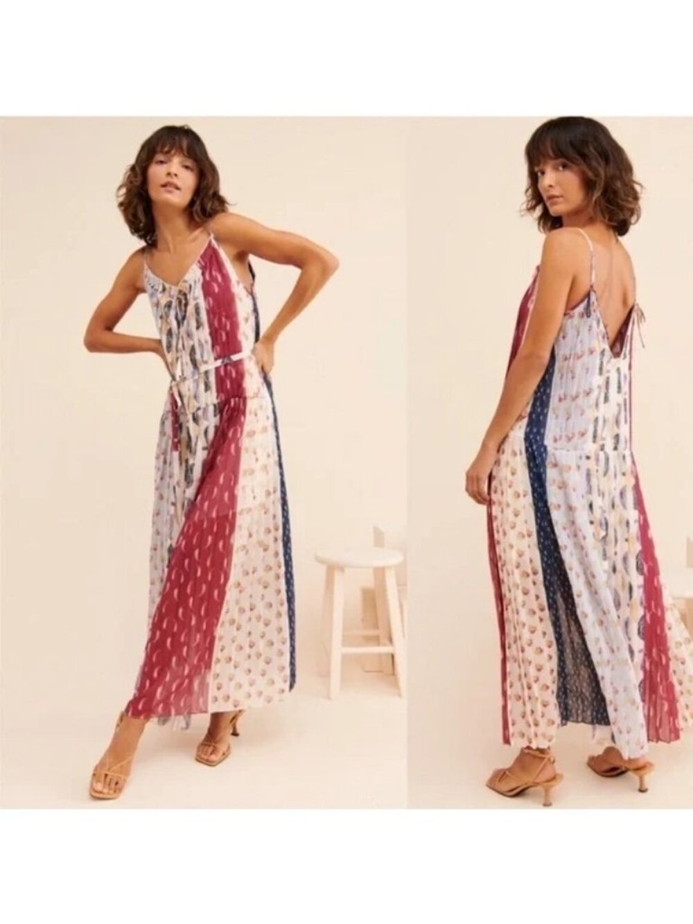 Anthropologie ML Monique Lhuillier Patchwork Pleated Maxi Dress Womens 0 Petite